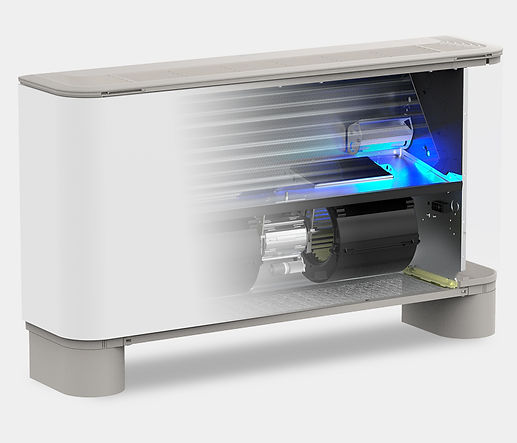 Ventilo-convecteur à lampe germicide photocatalytique incorporée, parfait pour la climatisation des milieux nécessitant un degré d'hygiène maximal tels que : • les hôpitaux • les cabinets dentaires • les cabinets médicaux/vétérinaires • les laboratoires d'analyse • l'industrie pharmaceutique • les salles d'attente • les instituts de beauté • les habitations • les bureaux • les lieux publics