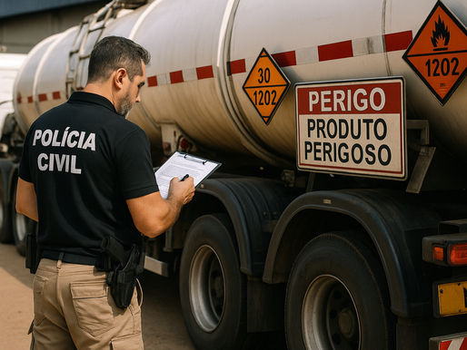 Um fiscal da Polícia Civil fiscaliza um caminhão de combustível. Veja como funciona a fiscalização dos Produtos Controlados e quem fiscaliza cada tipo de produto.
