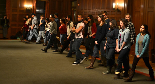 People in a line walking