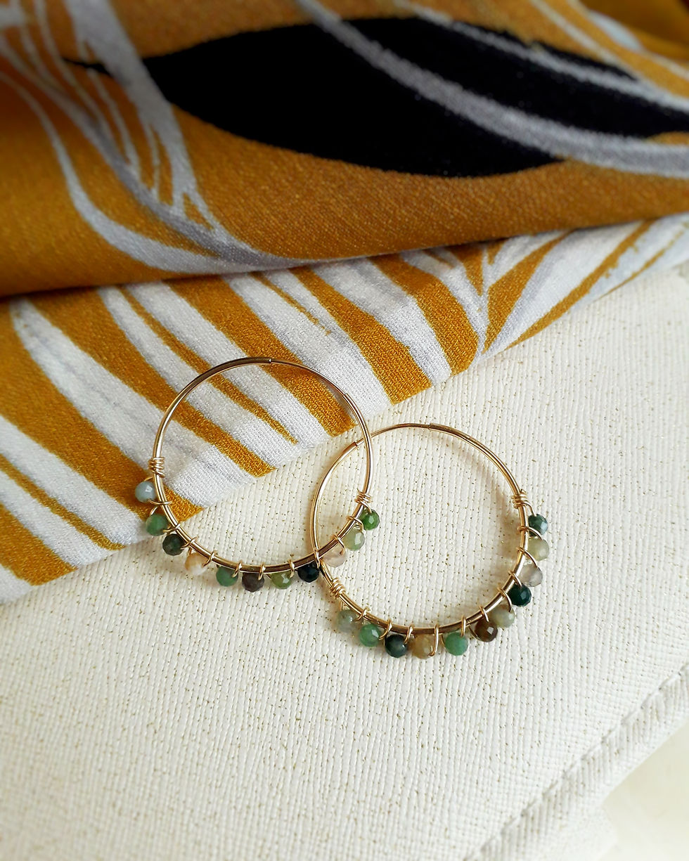 Indian agate stones wire-wrapped onto gold hoops - earrings