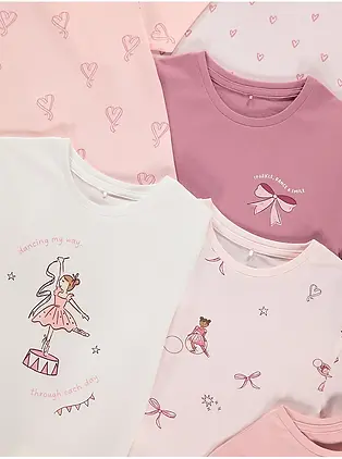 A 5 pack of ballerina themed tops, illustrated by Evie Alice Designs for George at Asda