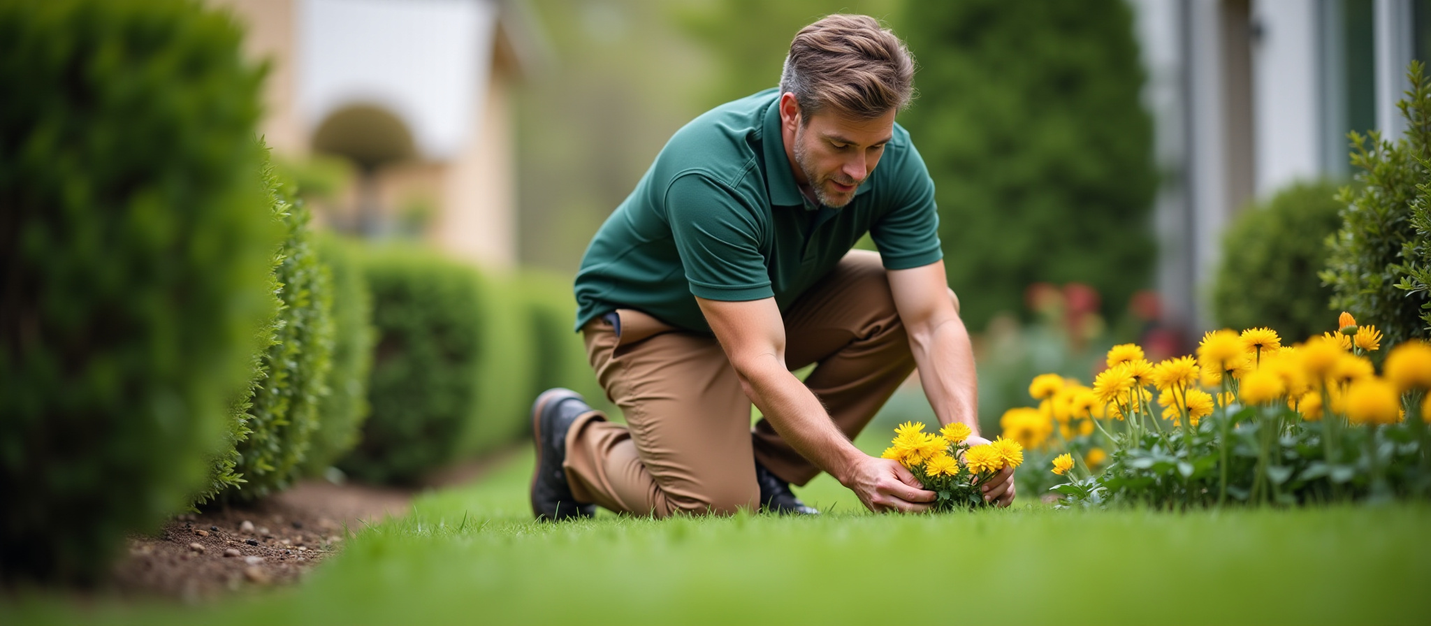 Lawn care guy planting flowers