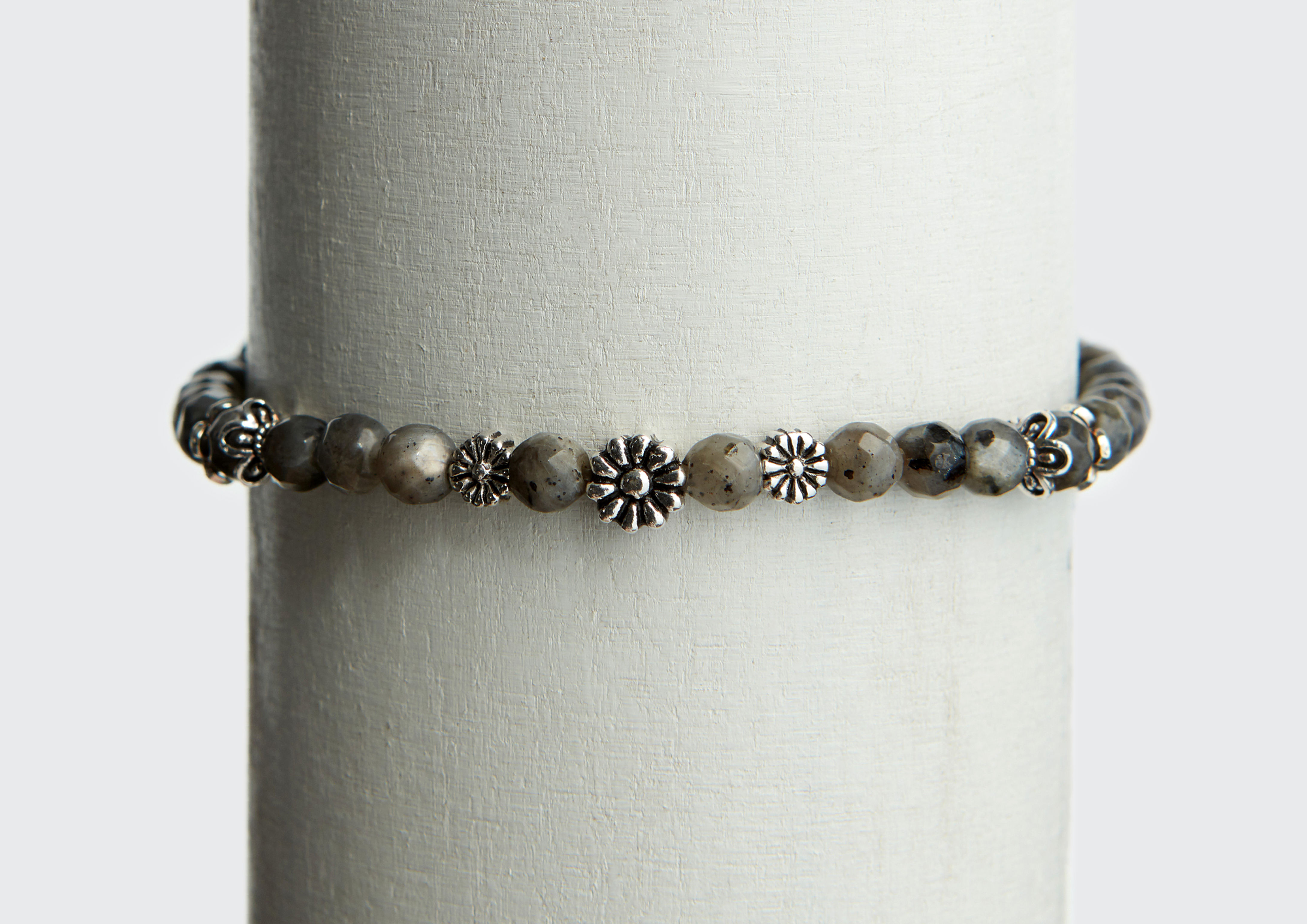 Labradorit Armkette schwarz mit Silber Blumen