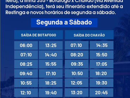 ALTERAÇÃO DE HORÁRIOS E ITINERÁRIO PARA A LINHA 355 - BOTAFOGO X CHAVÃO (VIA AVENIDA INDEPENDÊNCIA) A PARTIR DO DIA 27/05 (SEGUNDA-FEIRA).