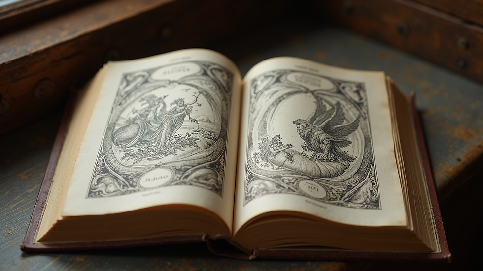High angle view of an open book with mythological illustrations on the pages