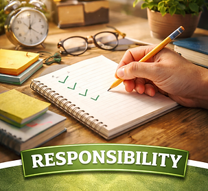 Responsibility graphic showing a checklist being completed in a notebook.