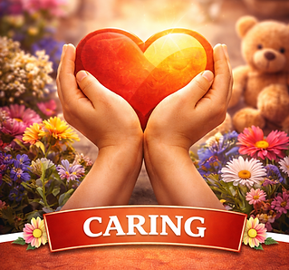 Caring graphic showing hands holding a heart surrounded by flowers.