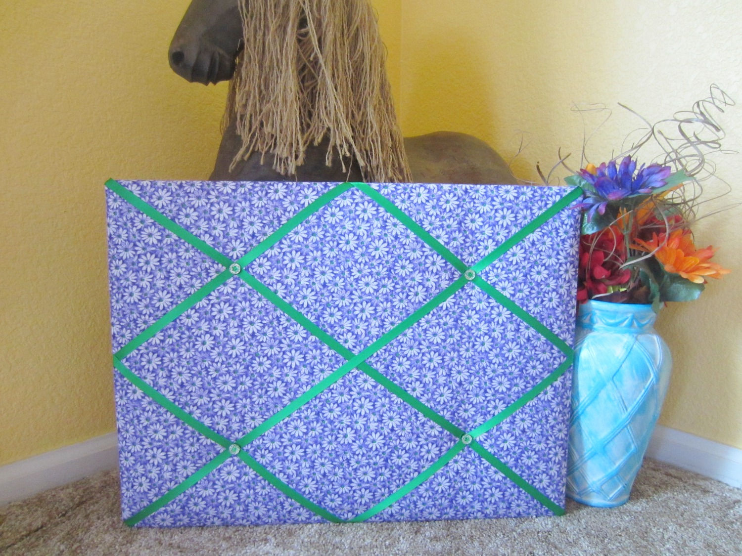 White Daisies on Bright Purple With Green Ribbon