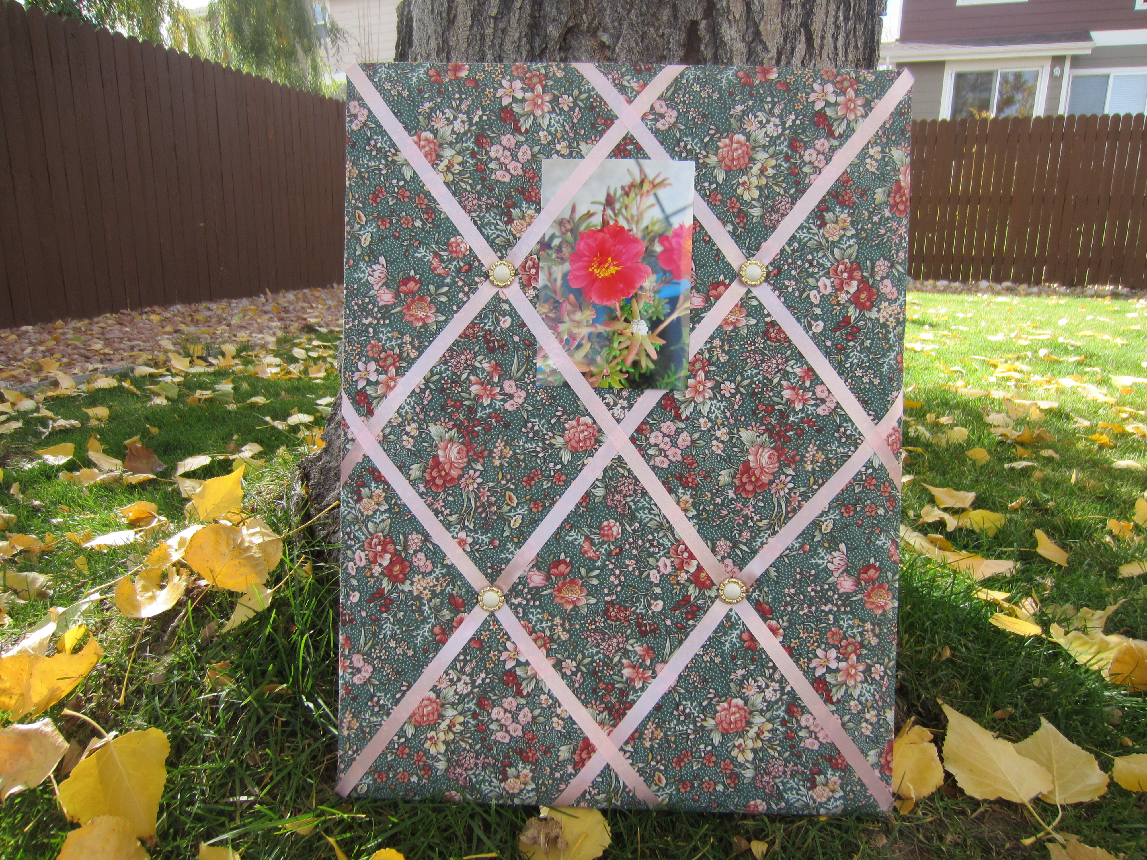 Dark Green Floral with Pink Ribbon