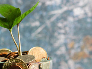 Pote de vidro cheio de moedas com uma pequena planta brotando, simbolizando economia e restituição