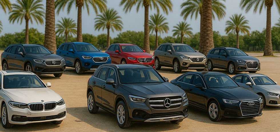 Several SUVs and sedans parked outdoors near palm trees for sale.