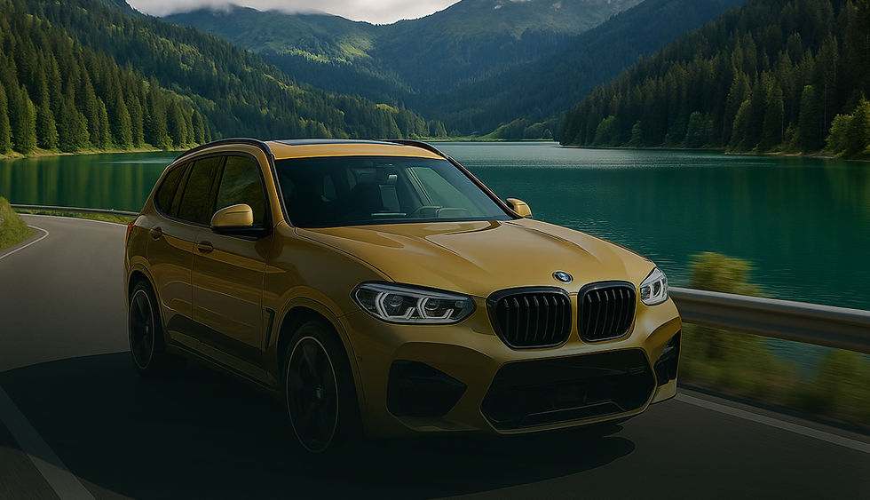 Yellow BMW X3 driving on road near lake and mountains