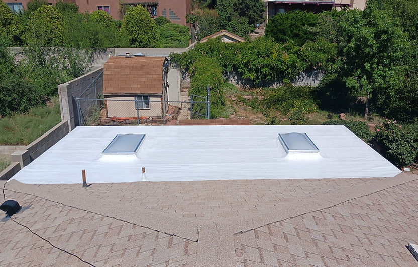 Flat roof with skylights and white coating, house exterior view. Sw Roofing