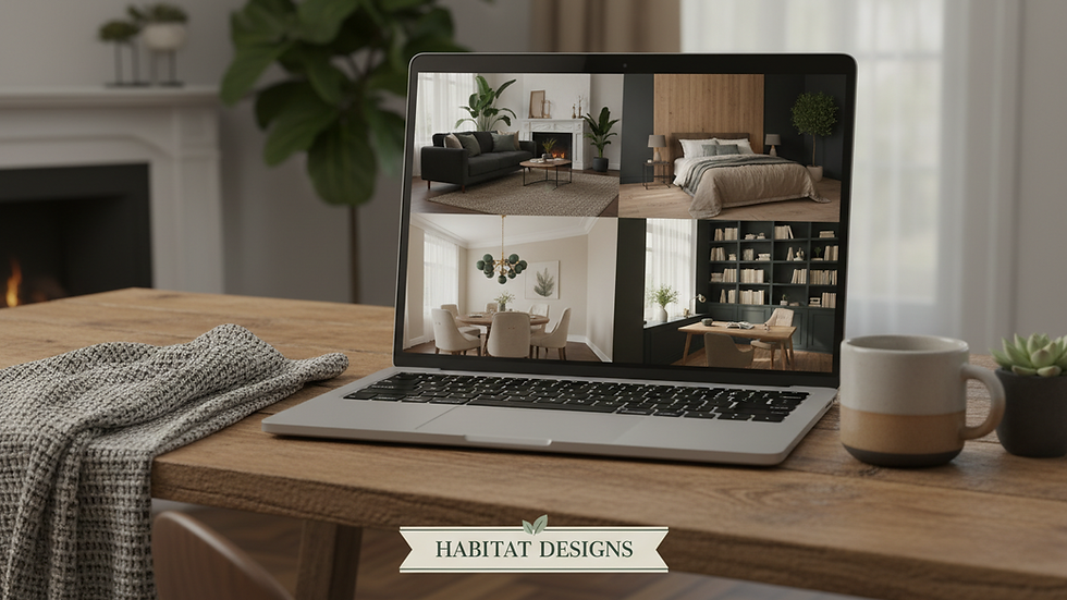 Eye-level view of a laptop showing a virtual interior design meeting