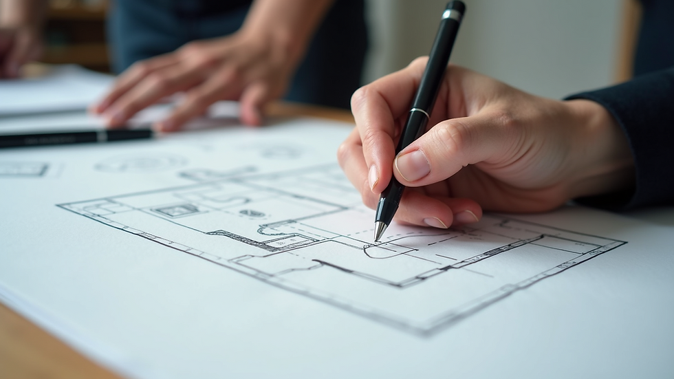 Close-up view of a designer’s hand sketching a floor plan during a consultation