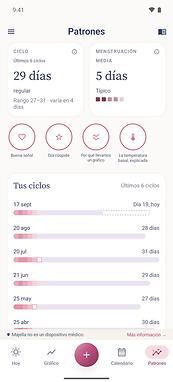 Estadísticas de Majella en español con historial de ciclos y periodos y datos de ejemplo