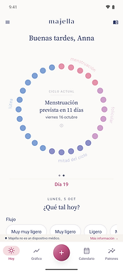 Pantalla Hoy de Majella en español con registros de ejemplo del ciclo