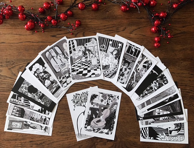 ensemble de cartes en noir et blanc, jeu des "petits bonheurs simples"