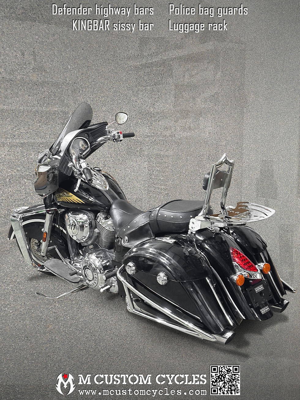 Thumbnail: Indian Chieftain equipped with DEFENDER highway crash bars, KINGBAR sissy bar, luggage rack, POLICE saddlebag guards