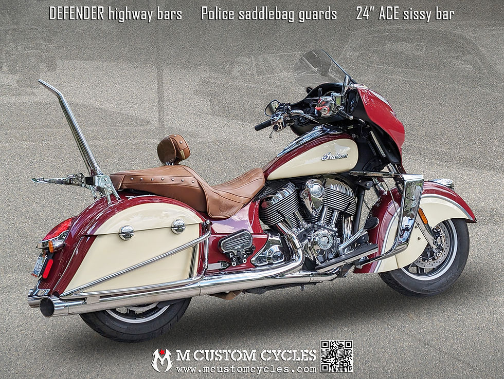 Thumbnail: Indian Roadmaster equipped with DEFENDER highway crash bars, KINGBAR sissy bar, luggage rack, POLICE saddlebag guards