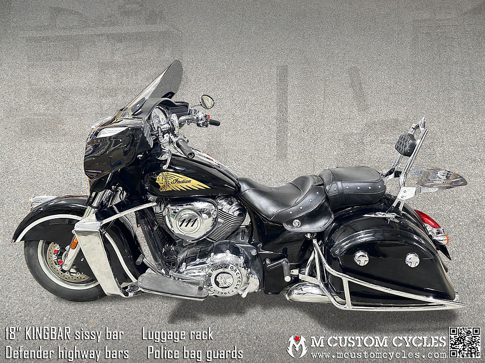 Thumbnail: Indian Chieftain equipped with DEFENDER highway crash bars, KINGBAR sissy bar, luggage rack, POLICE saddlebag guards