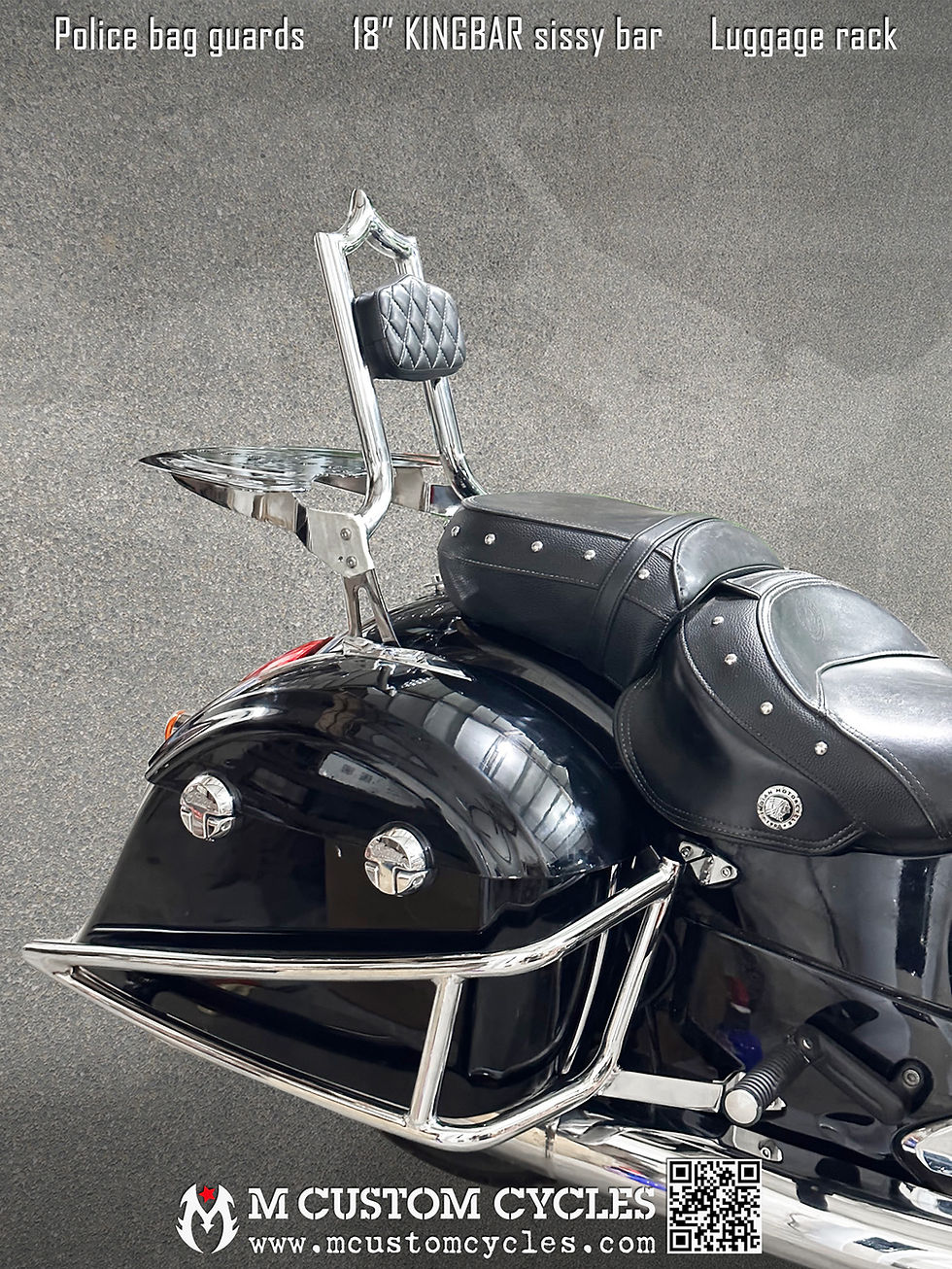 Thumbnail: Indian Chief equipped with DEFENDER highway crash bars, KINGBAR sissy bar, luggage rack, POLICE saddlebag guards