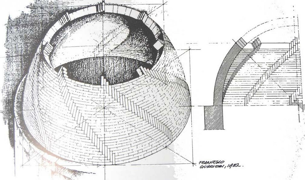 The dome of the Santa Maria del Fiore Cathedral in Florence spiraling brick herringbone. Original drawing by F. Gurrieri, 1982