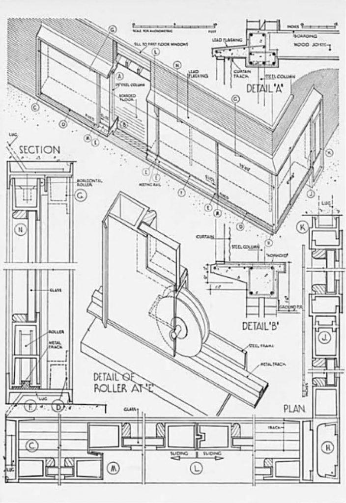 Details for a horizontally sliding window, for house at Chipperfield, Hertfordshire (E Maxwell Frym, 1935)