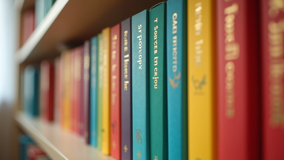 eye-level view of colorful children's English books on a shelf