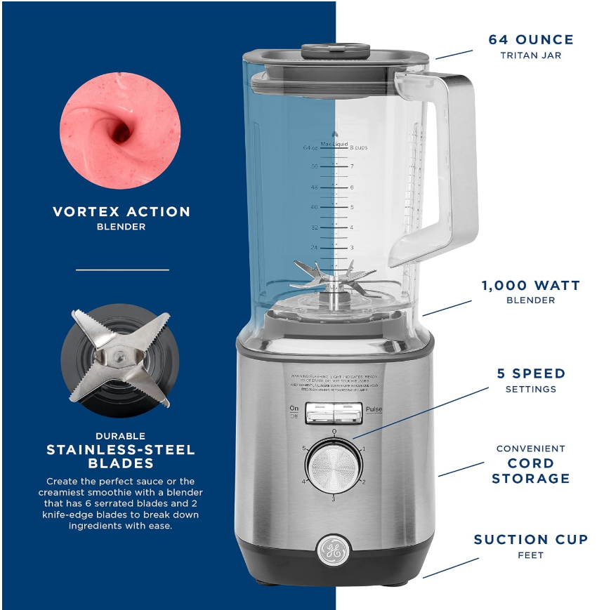 Miniatura: GE 5-biegowy blender 1000W z kielichem 64 oz i 2 kubkami