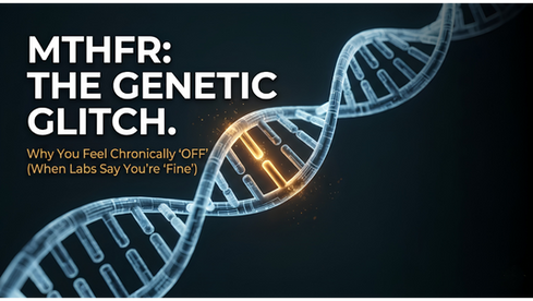 A cinematic, high-contrast 3D rendering of a DNA double helix glowing in a deep teal light against a dark, textured background. A specific segment of the genetic strand is highlighted in a vibrant amber "glitch" effect, symbolizing a mutation. Bold white text on the left reads "MTHFR: THE GENETIC GLITCH" followed by a sub-headline in gold: "Why You Feel Chronically ‘OFF’ (When Labs Say You’re ‘Fine’).