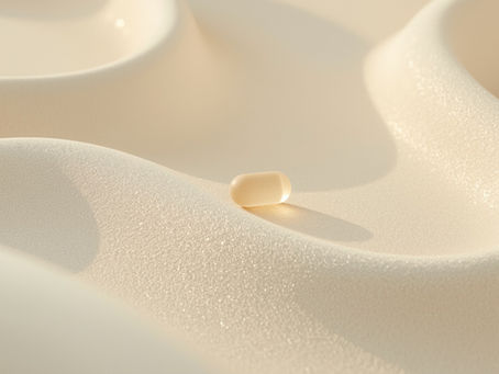 A small, cylindrical hormone pellet resting on soft, flowing cream-colored fabric, representing balance and hormone wellness.