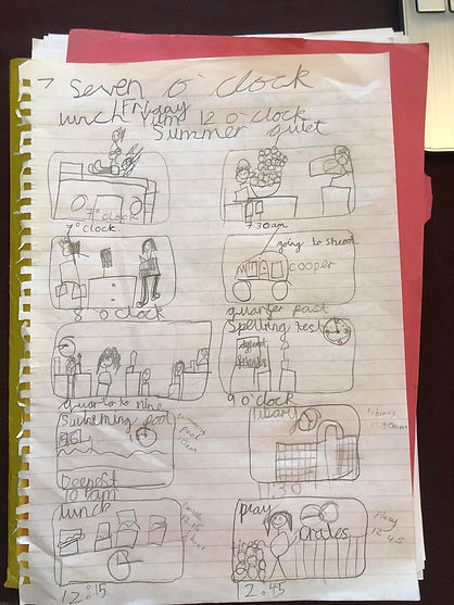 A story board of a child's daily activities- he's learning 'telling the time' in year 1.