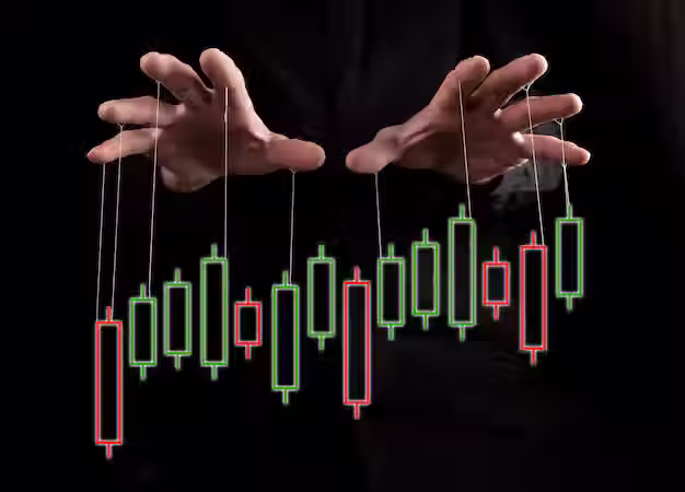 Manos manipulando velas japonesas como marionetas, representando manipulación institucional en trading