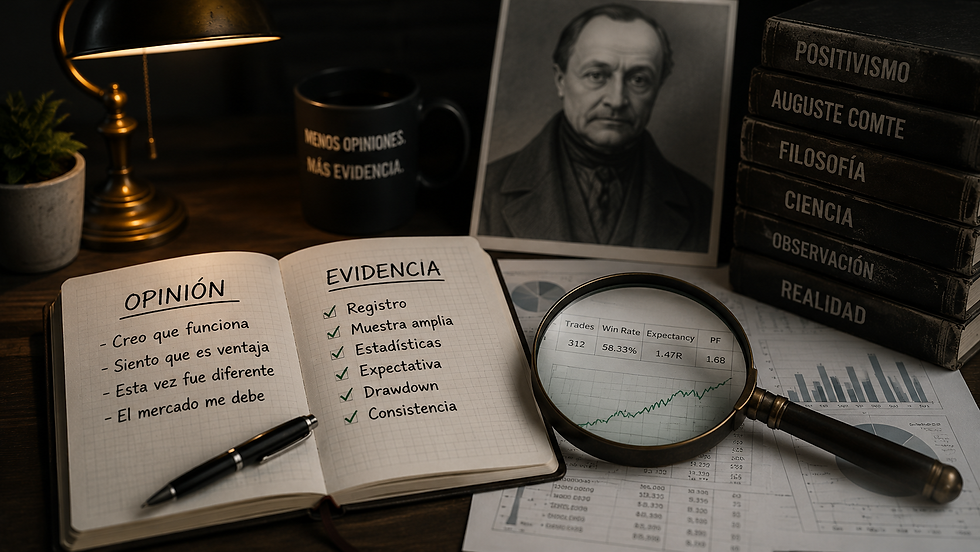 Paco Vara analiza la diferencia entre opinión y evidencia empírica en trading mediante una representación visual de registros, estadísticas, observación y positivismo inspirada en las ideas de Auguste Comte.