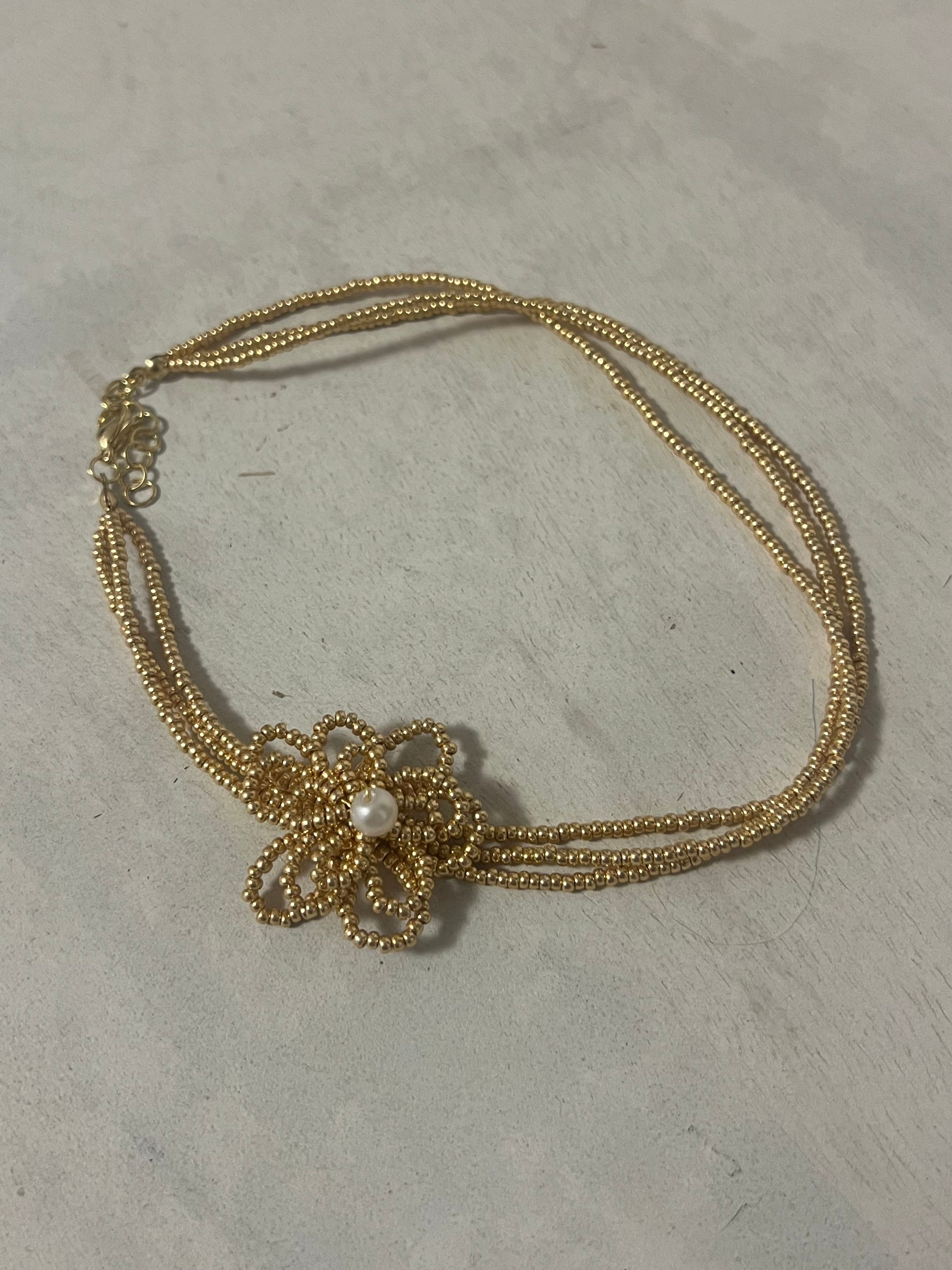 Kharzit Beirut - Gold Symi Chocker Necklace with Flower & Pearl detailing