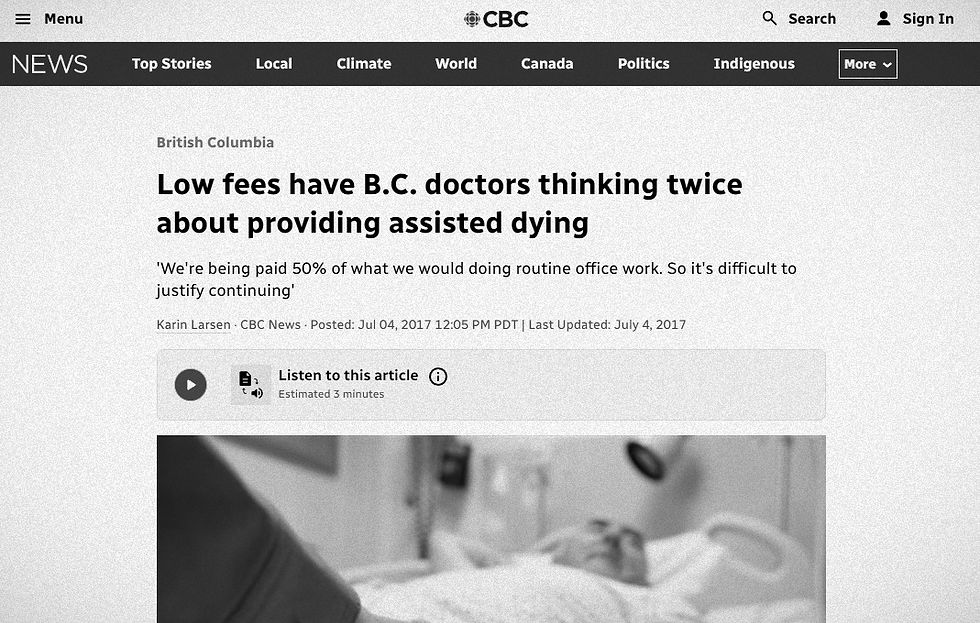 CBC: "Low fees have BC doctors thinking twice about providing assisted dying"