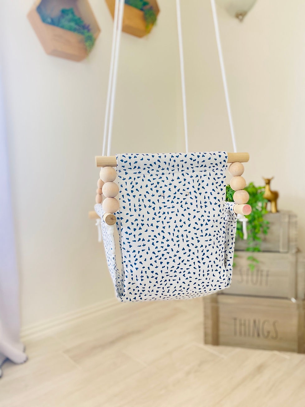 Thumbnail: White and Navy Blue High back Baby Swing