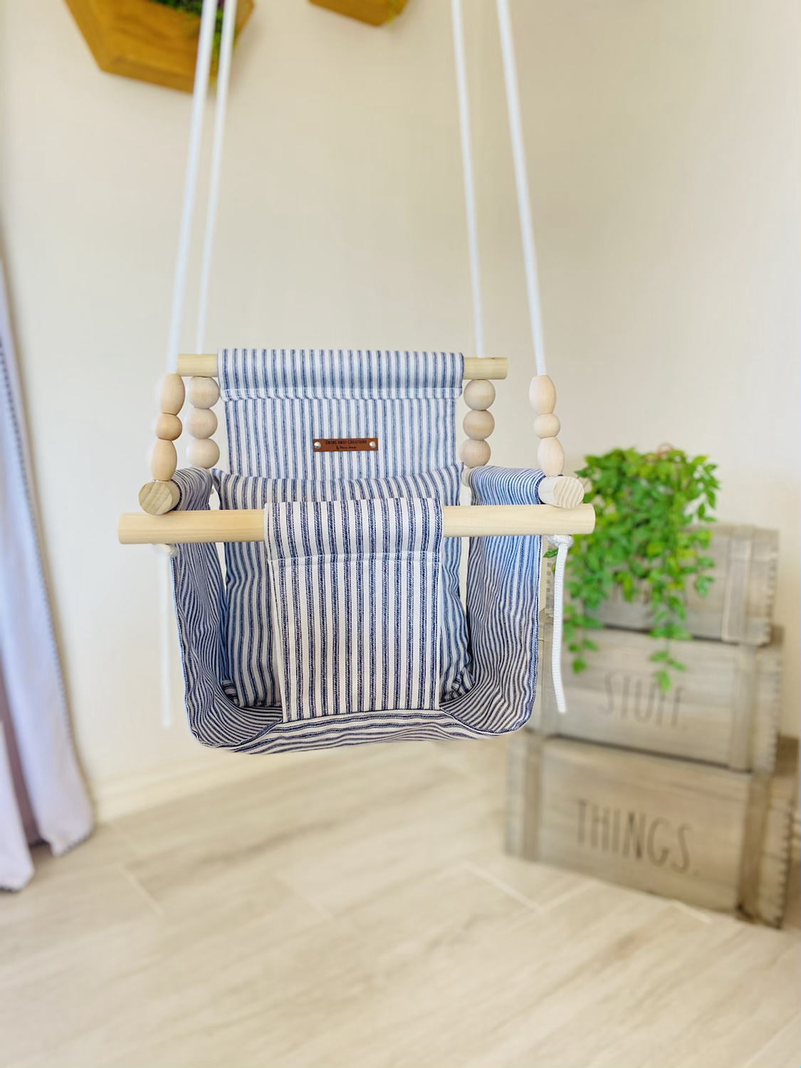 Blue and White Striped High Back Baby Swing