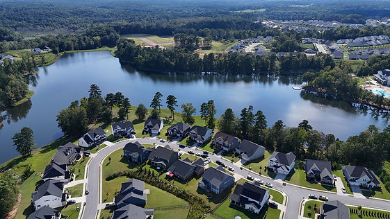 Aerial shot of a suburban neighborhood in Wendell Falls