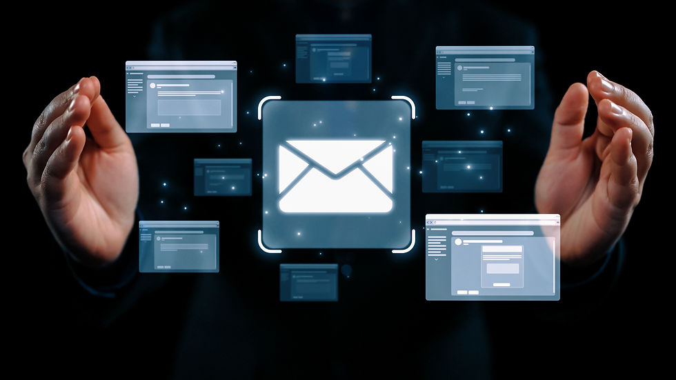 Hands hover around a glowing email icon with floating digital windows on a dark background, conveying a sense of connectivity and technology.