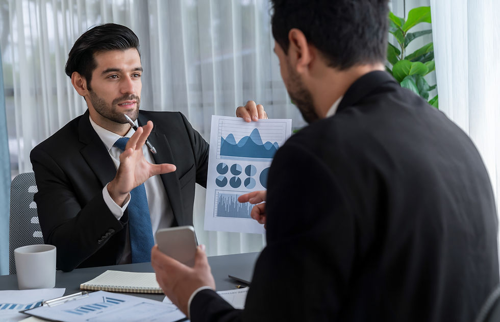 two men suits discussing about reports