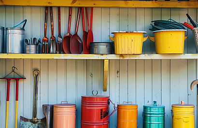 rustic kitchen shelf filled with various buckets and garden tools