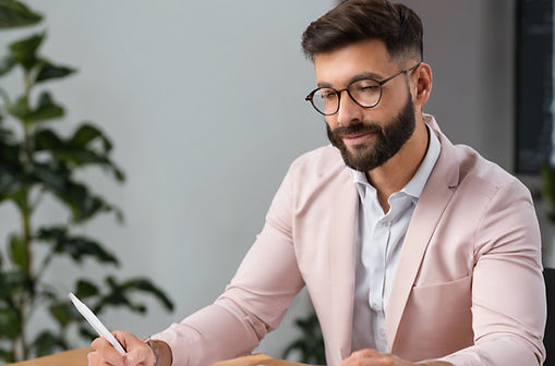 man wearing pink suit writing in his notes