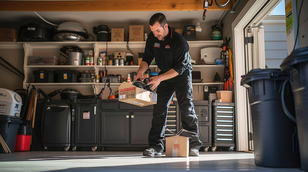 Man in a sunlit garage unloads a boxed tool, focused amid black cabinets, shelves, bins, and equipment.