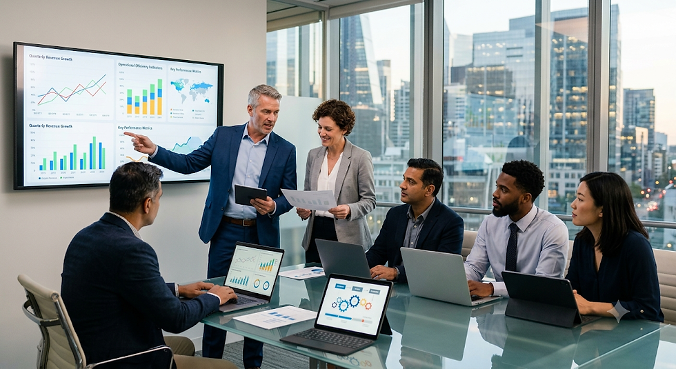 Business team meeting in a glass office, with a presenter pointing at revenue charts while colleagues review laptops and papers.