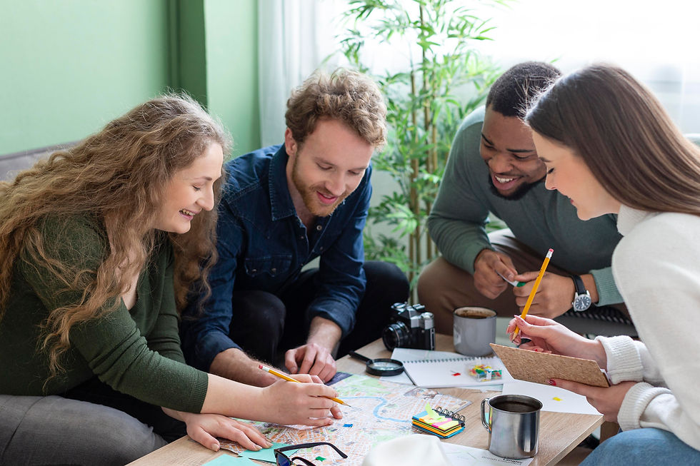 medium shot people planning trip together