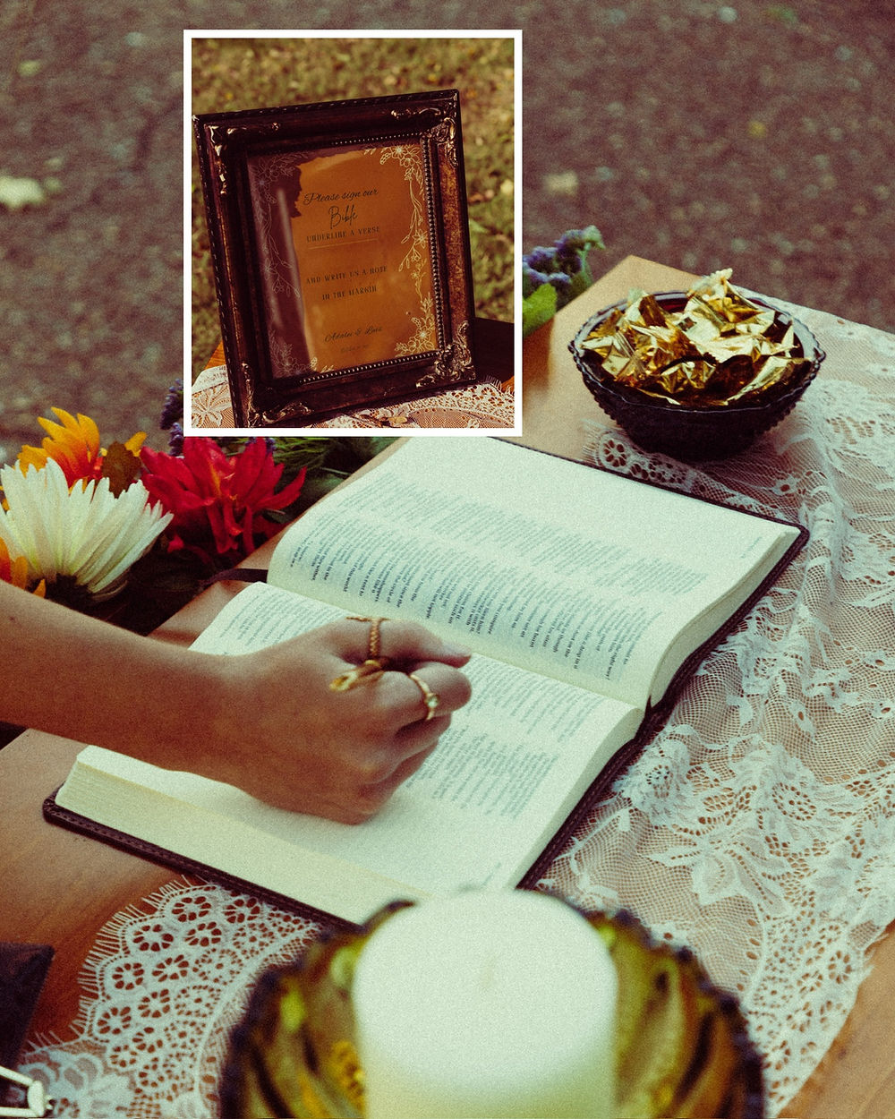 Open book, candle, and flowers for a wedding ceremony