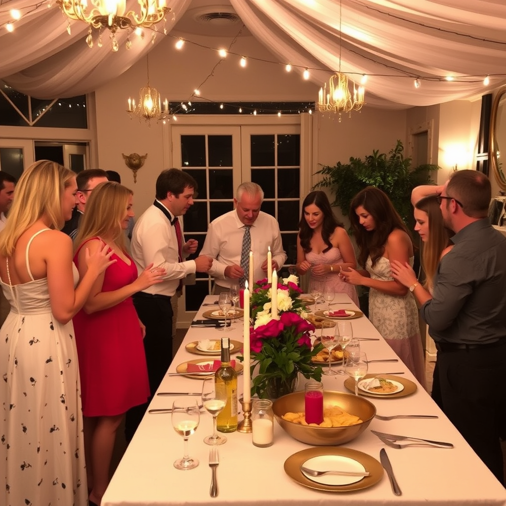 Dinner party guests gathering around a formal table.