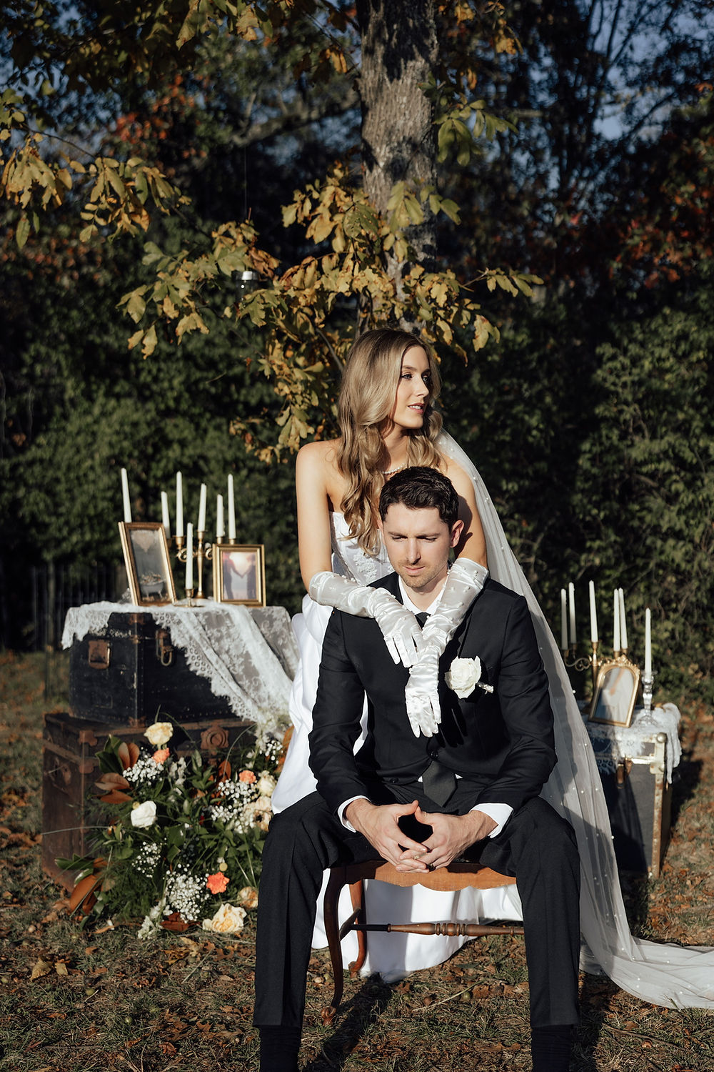 analea wedding co. bride and groom with fall decor